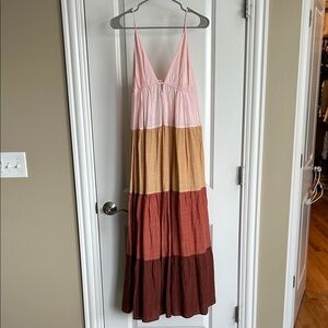 Anthropologie Pink and Brown Tiered Maxi Dress